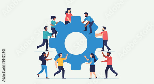 Diverse team working together, building a blue gear, teamwork and collaboration concept