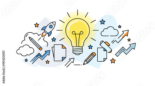 Creative idea concept with light bulb, rocket, clouds and arrows representing innovation and growth in business or technology