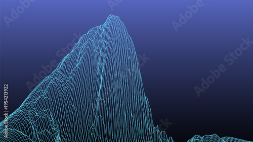 An abstract futuristic 3D mountain landscape in the style of the 1980s. The vector illustration depicts mountain forms and a digital surface for the 1980s-style background. Early computer graphics.