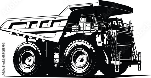 Detailed black and white illustration of heavy-duty mining dump truck with massive tires, elevated cab, large open-box bed, industrial machinery design for construction and earthmoving operations