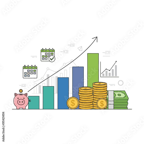 Financial Growth: Piggy Bank, Coins, Money Stack, Bar Chart & Calendar - Investment Concept