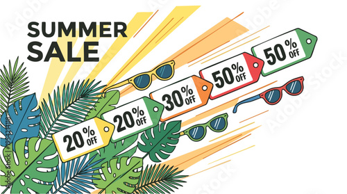 Colorful sunglasses and tropical leaves arrangement for summer sale promotion with vibrant energetic style