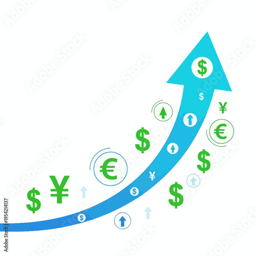 Global Currency Growth Arrow: Dollar, Euro, Yen Symbols Rising Upward