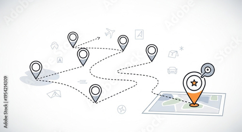 Hand-Drawn Map with Location Pins and Route Illustration.