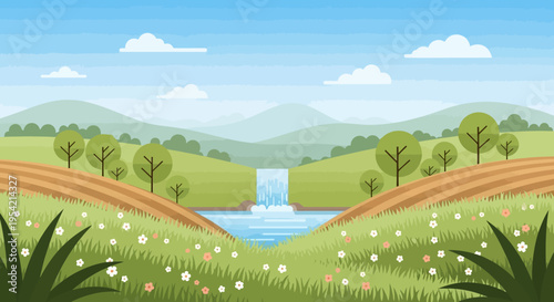 Idyllic Spring Landscape with Waterfall, Rolling Hills, and Wildflowers
