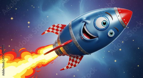 Cartoon Rocket Blasting Off in Starry Space with Happy Face 3D Illustration