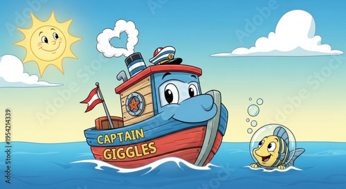 Cartoon Tugboat Captain Giggles Sailing on Blue Ocean with Happy Fish and Smiling Sun