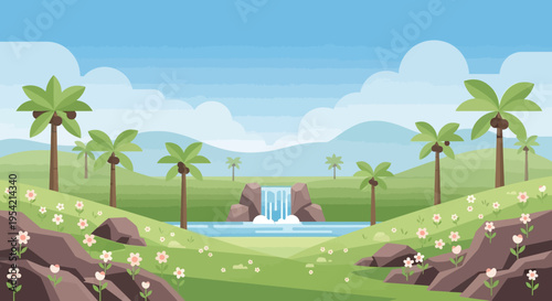 Idyllic Tropical Landscape with Waterfall, Palm Trees, and Wildflowers