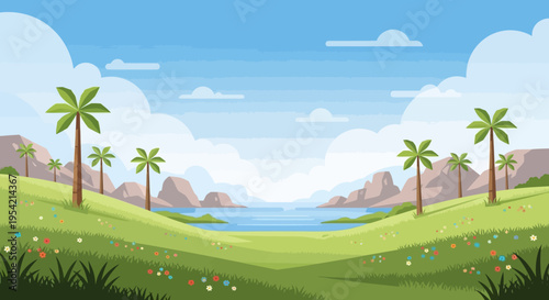 Lush green meadow with palm trees and calm ocean bay, tropical landscape