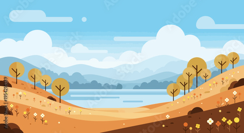 Autumn Landscape with Rolling Hills, Lake, and Trees in Warm Colors