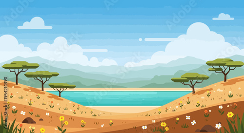African Savannah Landscape with Acacia Trees and Waterhole, Sunny Day
