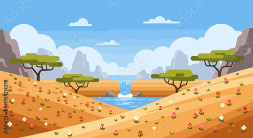 African Savannah Landscape with Waterfall, Acacia Trees, and Wildflowers