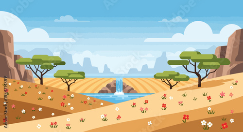 African Savannah Landscape with Waterfall, Trees, and Wildflowers