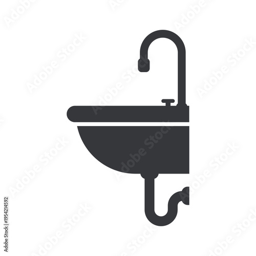 Isolated pictogram of sink with curved faucet and plumbing pipe representing hand washing facility, hygiene, sanitation, and water supply system