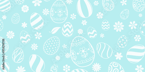 Light blue Easter background with white eggs and flowers, various patterns.