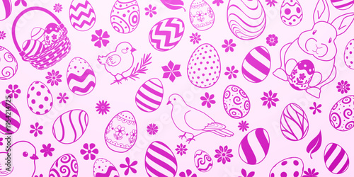 Pink background with easter eggs, flowers, birds, and rabbit in magenta color, various patterns on eggs.