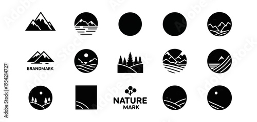 Minimalist landscape icons set silhouettes vector illustration