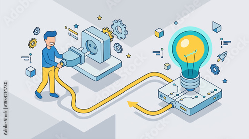 Creative illustration of a technology-driven innovation process with a person connecting a power source to a lightbulb on a circuit board