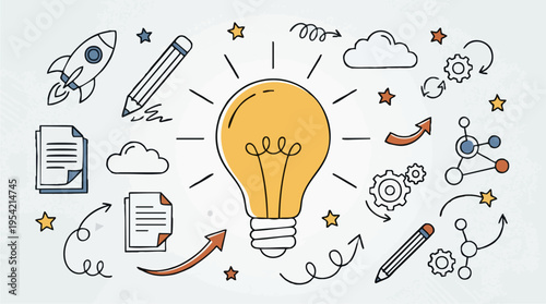 Creative idea generation and innovation concept with light bulb surrounded by scientific and technological illustrations