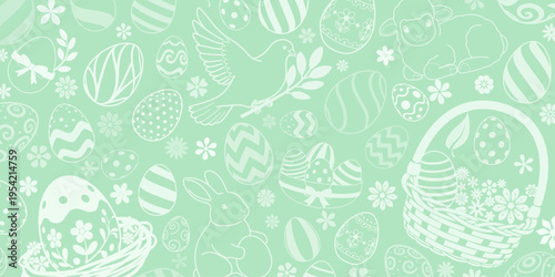 Easter background with white eggs, bunnies, and flowers on a light green background with pastel colors.