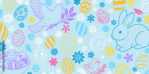 Easter background with colorful eggs, bunny, bird, flowers on light blue, pastel colors, whimsical design.