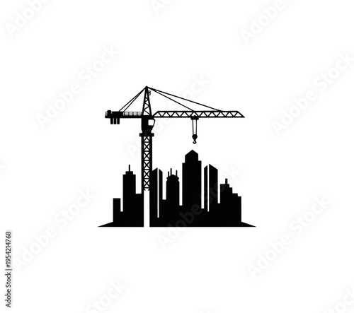 Silhouette of a construction crane with city skyline against a black background