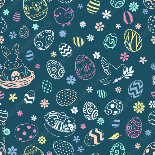 Easter seamless pattern with eggs, flowers, bunny, chick, and dove on dark blue background, pastel colors, whimsical illustrations.