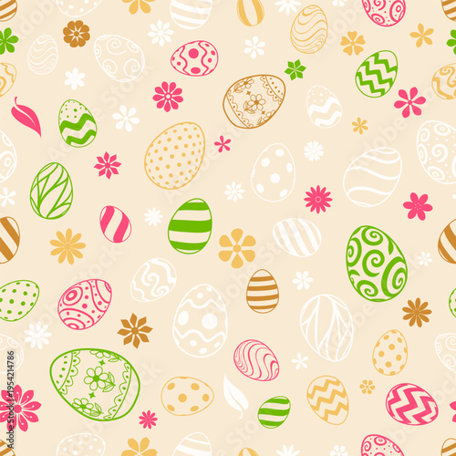 Easter seamless pattern with colorful eggs, flowers, and leaves on a light peach background, ideal for holiday designs and decorations.
