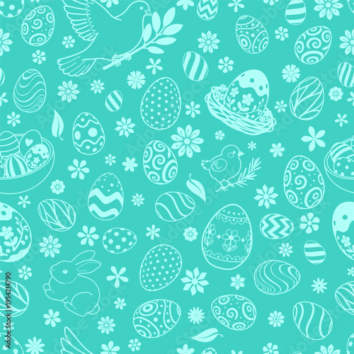 Easter seamless pattern with eggs, bunnies, birds, flowers on teal background, cute and festive design for spring celebrations.