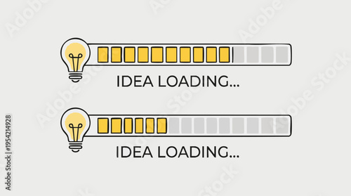 Creative illustration of idea loading progress with lightbulb icons and loading bars symbolizing process, innovation, and idea development visual concept