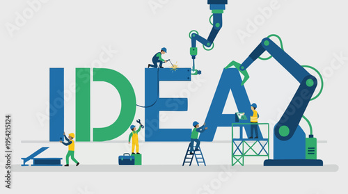 Creative robotic arms assembling the word IDEA with workers collaborating on innovative technological projects