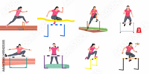 Set of Flat Vector Illustrations Featuring a Female Athlete Training and Competing in Hurdling Events on a Track