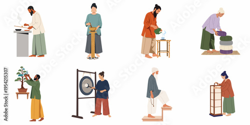 A diverse set of people practicing mindfulness, meditation, and spiritual rituals in a minimalist flat vector illustration style.