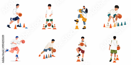 Vector collection of boys and young men practicing basketball skills, including dribbling and agility drills with cones, isolated on a white background.