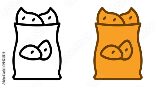 Snack Bag Icon Set: A captivating illustration featuring a minimalist outline and a vibrant full-color rendering of a snack bag filled with delightful potato chips, perfect for food-related projects.