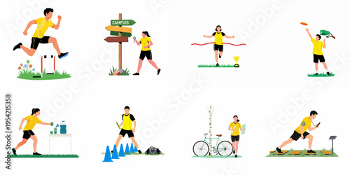 Collection of Flat Vector Illustrations Featuring Diverse Athletic Activities Such as Running, Hurdling, Cycling, and Team Sports in an Outdoor Setting.