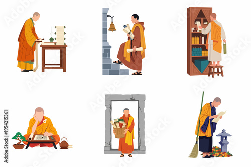 Flat illustration set of Buddhist monks engaged in various activities like reading scrolls, writing, and organizing a library in a traditional monastery setting.