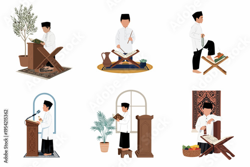 Illustration set of a young Muslim boy engaged in various religious activities, including reading the Quran, praying with beads, and speaking at a pulpit.