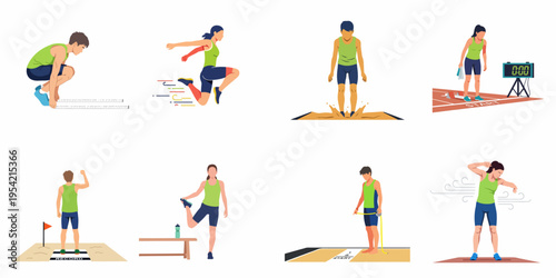 Flat vector illustrations of young athletes practicing long jump, stretching, and measuring their performance in a track and field competition setting.