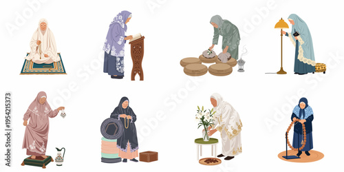 Set of illustrations depicting elderly Muslim women engaged in various activities like praying, reading, and household tasks in traditional attire.