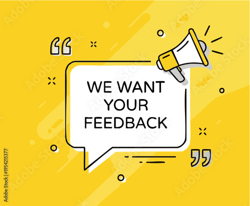 Customer Feedback Request Illustration with Speech Bubble and Megaphone on Bright Yellow Background