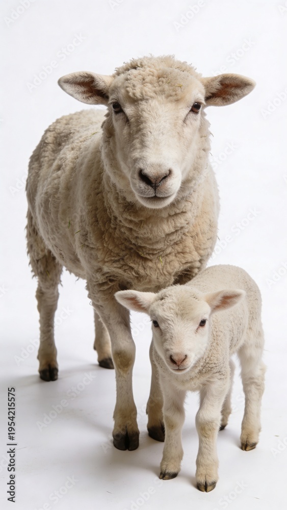 Obraz premium A mother sheep and her lamb standing together against a plain background, symbolizing family, nature, and agriculture.