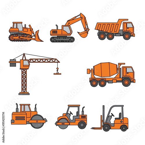 Construction Vehicles Set: Bulldozer, Excavator, Dump Truck, Crane, Mixer, Roller, Forklift