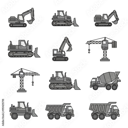 Construction Vehicles Set: Excavator, Bulldozer, Crane, Cement Mixer, Dump Truck
