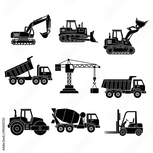 Construction vehicles set: excavator, bulldozer, crane, dump truck, cement mixer, forklift