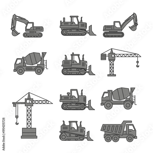 Construction Vehicles Set: Excavator, Bulldozer, Crane, Cement Mixer, Dump Truck Icons