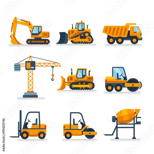 Construction Vehicles Set: Excavator, Bulldozer, Crane, Dump Truck, Forklift, Roller, Mixer