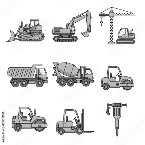 Construction Vehicle Icons Set: Bulldozer, Excavator, Crane, Truck, Mixer, Roller, Forklift, Jackhammer