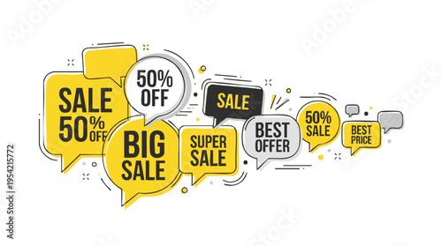Digital sale and discount promotional icons in speech bubbles emphasizing big discounts and special offers for marketing and advertising
