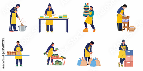 Flat vector illustration set of volunteers in yellow aprons preparing, packing, and organizing food for donation or charity at a distribution center.